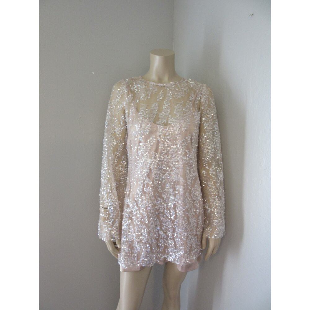 MABLE Rose Gold Sequins Bell Sleeves S Sheer with Cami Back Zip Evening Blouse